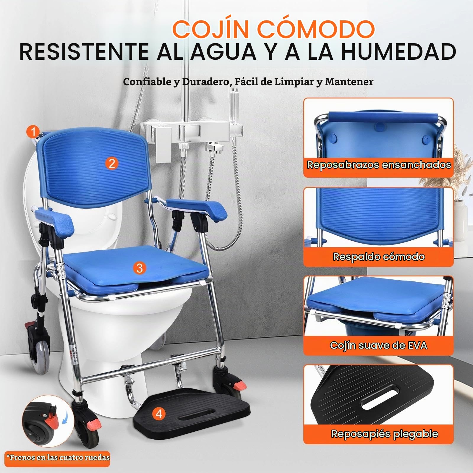 Silla de Ducha con Ruedas Plegable para Personas Mayores, 150kg | Silla de Ruedas para Ducha y WC, Silla Baño Ancianos Ducha Plegable con Cómodo Asiento y Respaldo, 4 Ruedas con Frenos