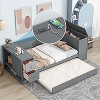 Vista 11 de Sofá cama de madera maciza con cajones de almacenamiento, marco de sofá cama en forma de X con respaldo y reposabrazos, sofá cama esquinero