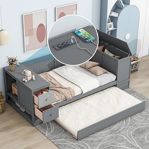 Harper & Bright Designs Twin Size Daybed with Trundle, Storage Arms and Charging Station, Wooden Twin Size Bed, Twin Sofa Bed Frame for Bedroom, Living Room, No Box Spring Needed, Gray