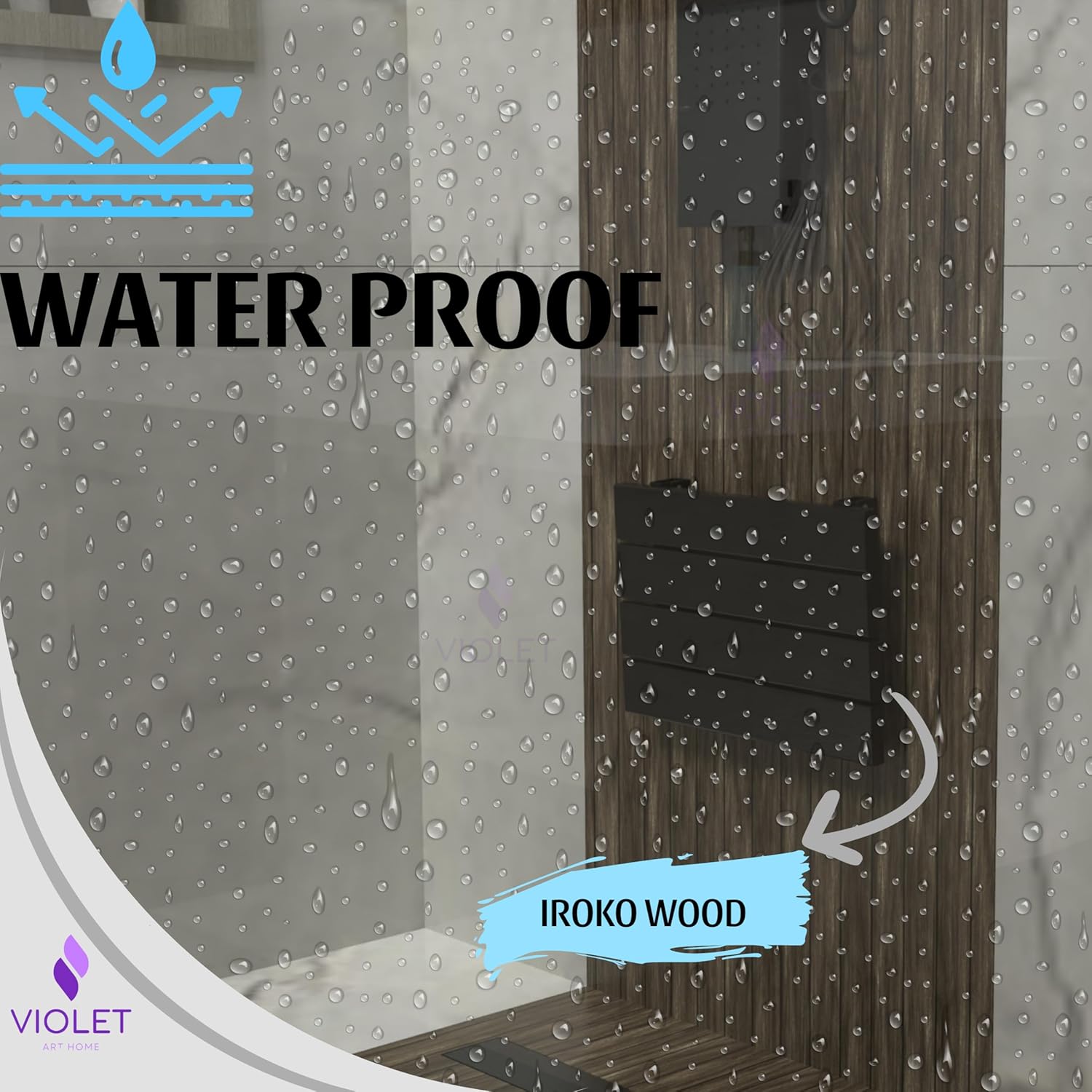 Folding Premium Quality Massive Solid African Teak Iroko Wood Wall Mounted Shower Seat, Handmade Foldable Bench, Wall Mounted Wooden Bathroom Stool, Inside Bath Seat Fold Down (Black, Medium)