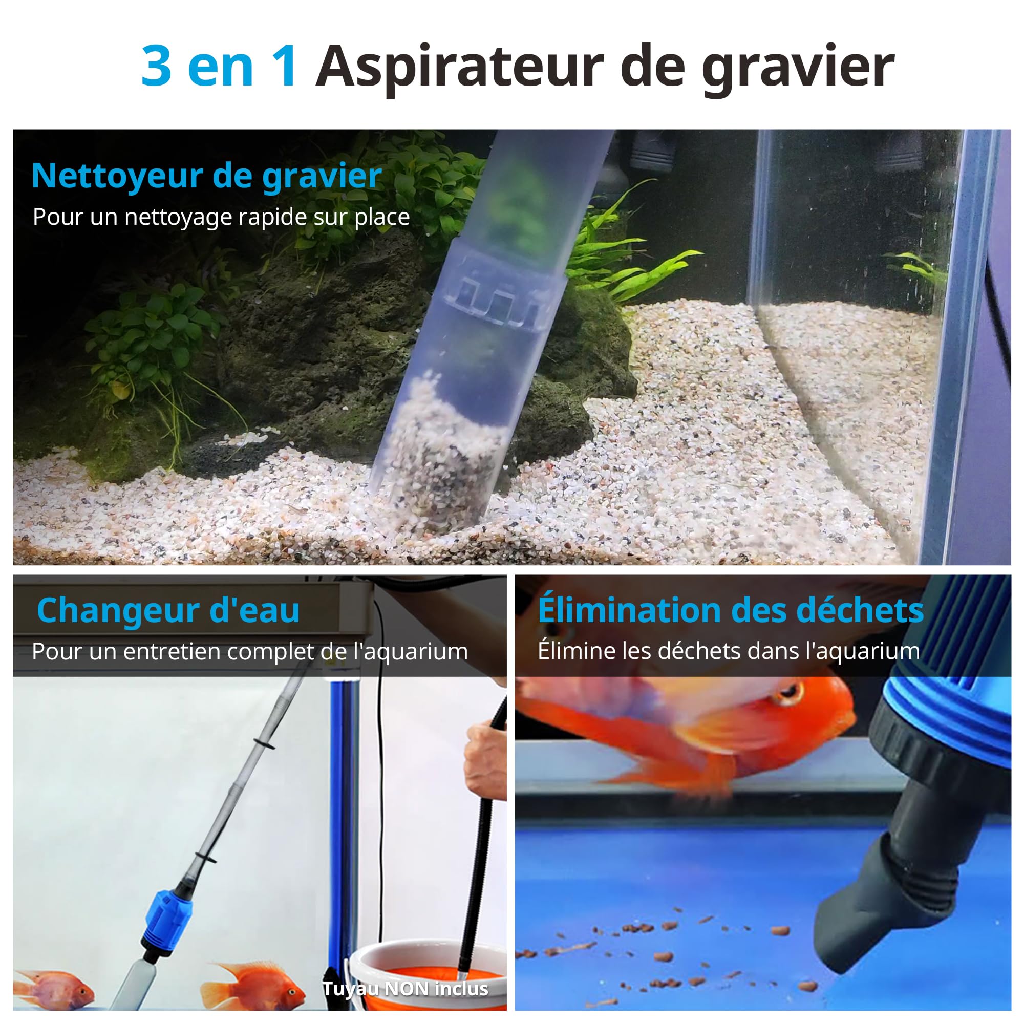 NICREW 3 en 1 Aspirateur Automatique Électrique pour Gravier et Sable avec Changement d'eau, Nettoyeur pour Aquarium Moyen et Grand