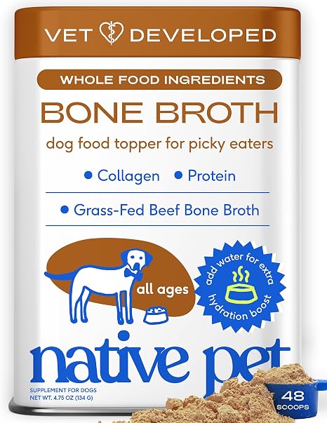 Native Pet Bone Broth for Dogs - Made with Real Beef Bone Broth, Dog Food Toppers for Picky Eaters - Provides Extra Hydration & Nutrition for Joint Strength, Immunity & Heart Health-48 Scoops