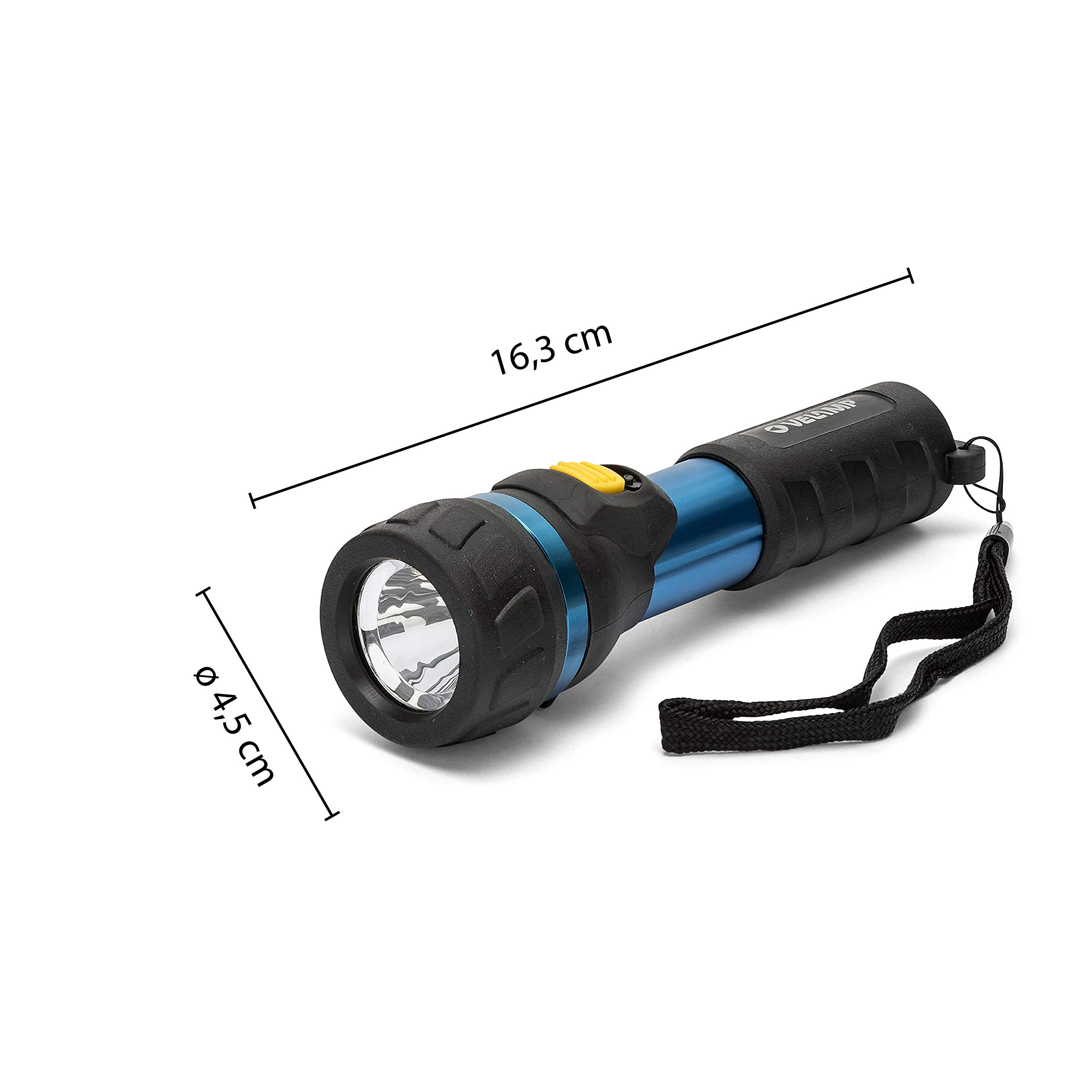 Velamp Hyper aluminiowa latarka LED z wygodną koronką. Współpracuje z 2 bateriami AA (nie wchodzą w zakres dostawy). Super jasna 70 lm (1 W), odporna na wodę i wstrząsy, aluminium, niebieska