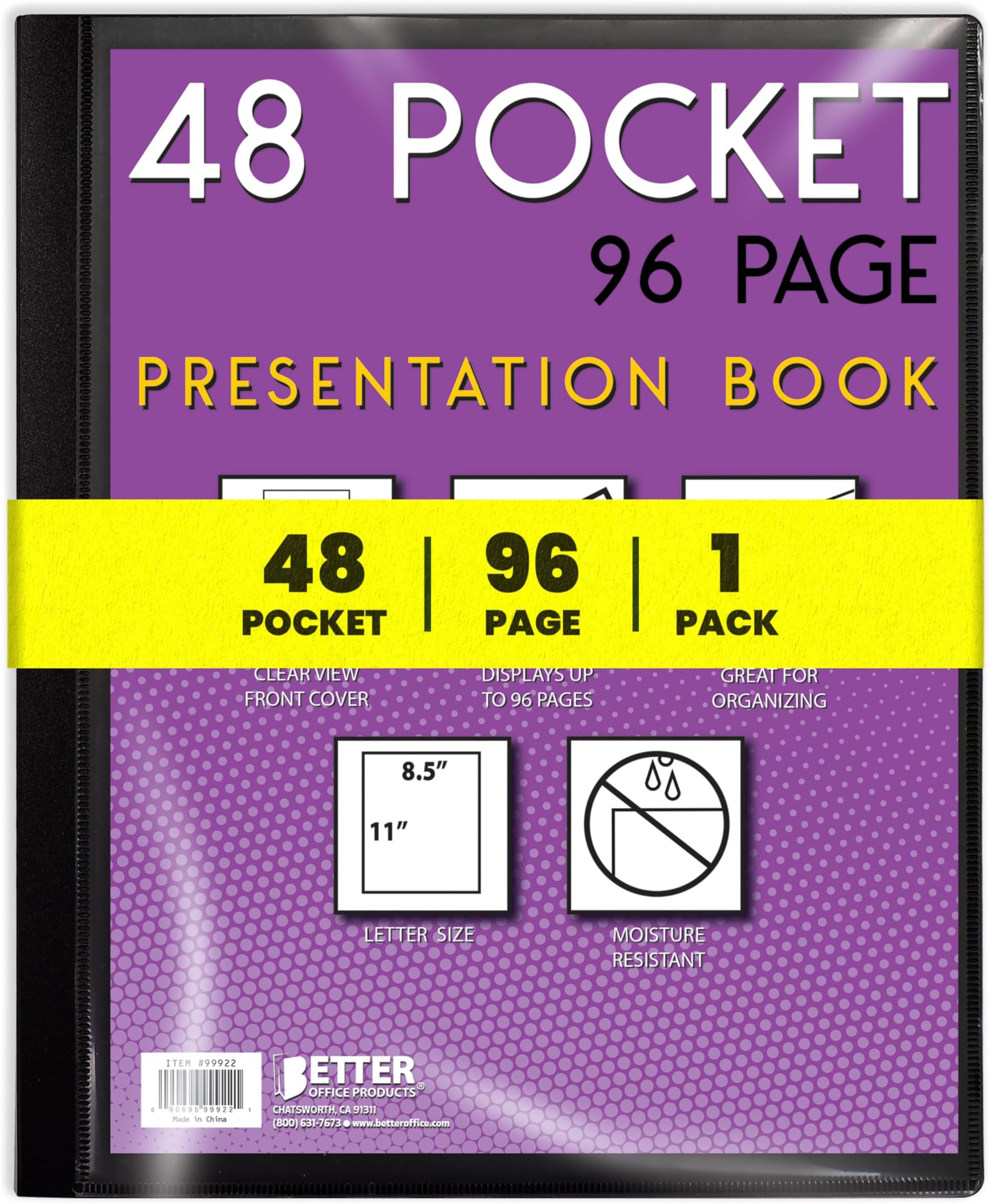 Better Office Products 48 Pocket Bound Presentation Book, with Clear View Front Cover, 96 Sheet Protector Pages, 8.5" x 11" Sheets, Art Portfolio, Durable Poly Covers, Letter Size (Black)