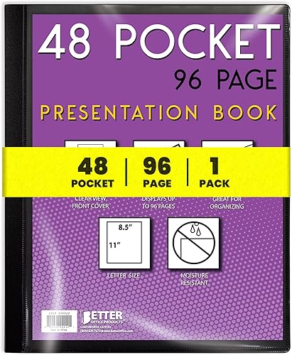 Better Office Products Libro de presentación encuadernado con 48 bolsillos, con cubierta frontal transparente, 96 páginas protectoras de hojas,