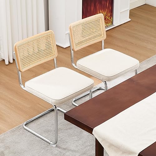 Miniatura 8 de Zesthouse Juego de 2 sillas de comedor de ratán natural, sillas de comedor modernas de mediados de siglo con respaldo de madera maciza y base