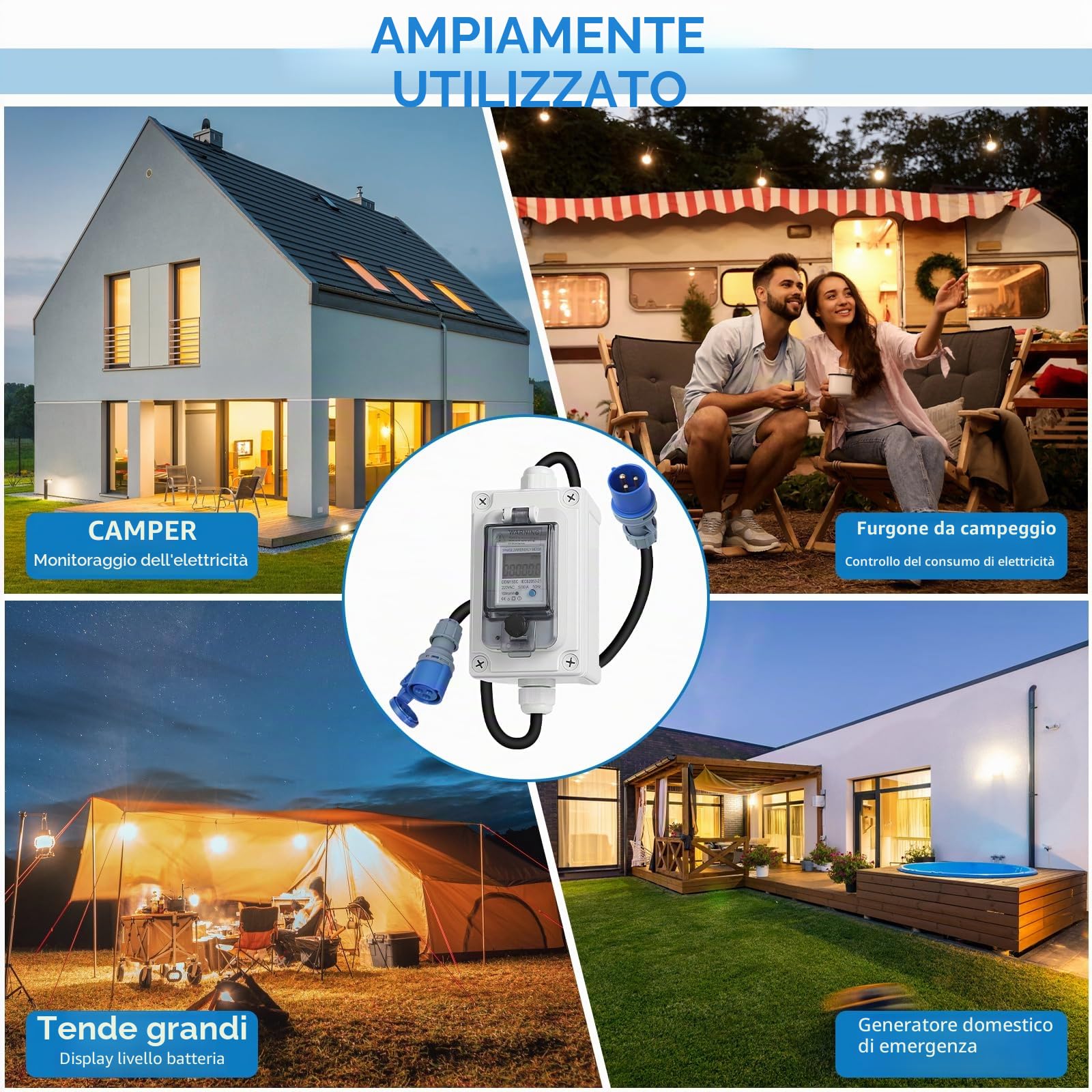 SWAWIS Wattmetro Digitale Mobile con Spina CEE 230V IP67 Misuratore Consumo Elettrico Mobile Outdoor Contatore Energia Elettrica Con Led/Reset Misuratore di Consumo Elettrico