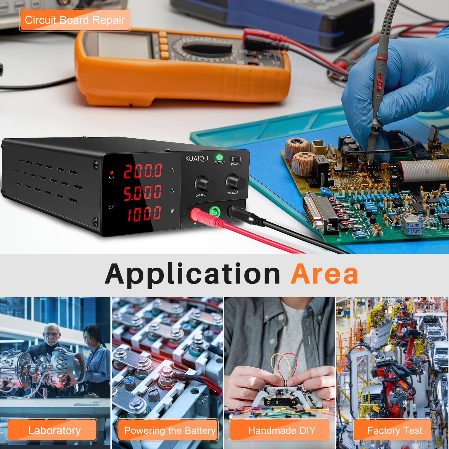 Alimentatore da Banco 200V 5A 1000W Alta Potenza Alimentatore da Laboratorio con OUTPUT/Encoder, Alta Tensione Alimentatore Regolabile Stabilizzato per Alimentazione di LED/Laboratorio/Inverter