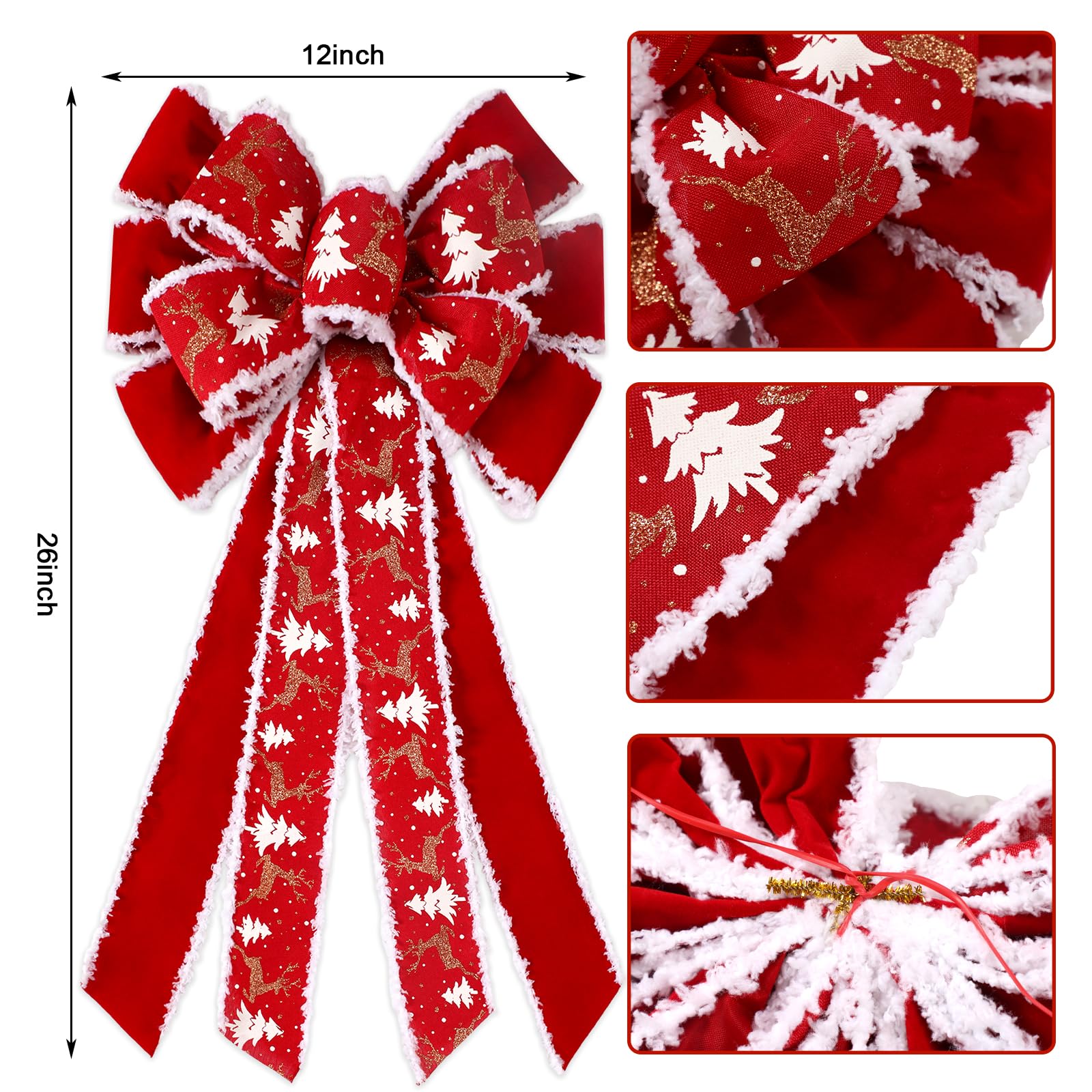 6 lazos rojos extragrandes para corona de Navidad para decoración al aire libre, 26 x 12 pulgadas, decoración gigante para árbol de Navidad, lazos de alce con purpurina, búfalo rojo para suministros