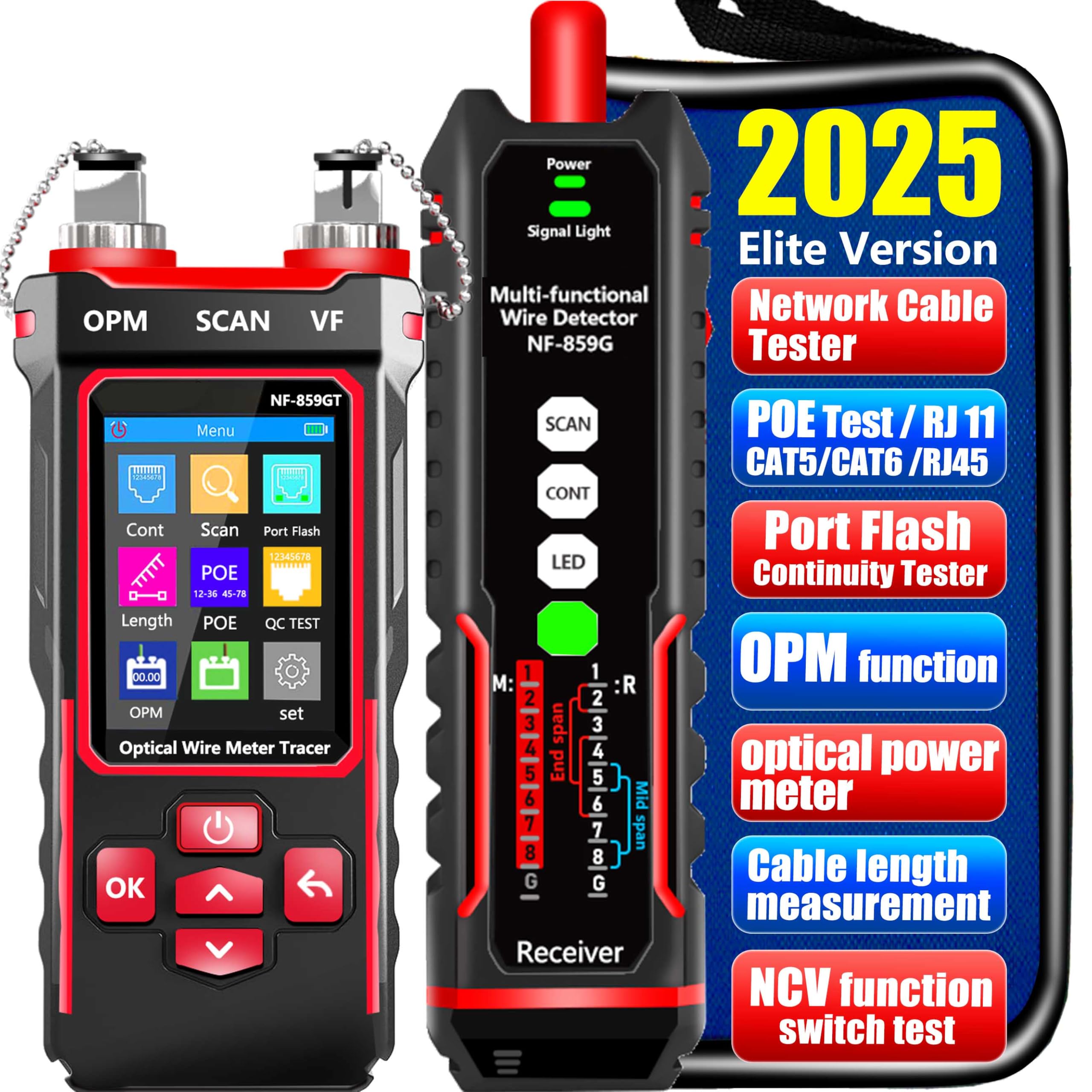 NF-859GT Network Cable Tester with Optical Power Meter10mw VFL,for RJ45 RJ11 CAT5 CAT6 POE/Phone Lines CAT3LAN Tone Probe Kit NCV&Ethernet Wire Tracer Fiber TesterNetwork Tools