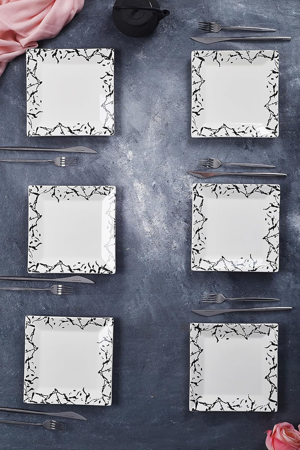 SODEF Dessert Plate Set 6 Piece Stylish Handmade Marble Pasta Serving Presentation Plates Sweet Dish 7.9 inch Square Black Ceramic - Black, One Size