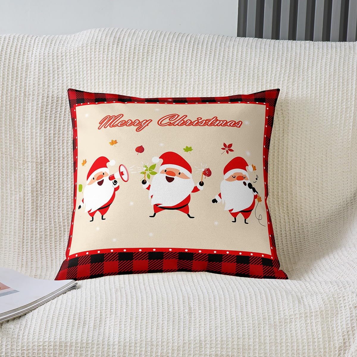 Fundas de almohada reversibles con temática navideña, fundas de almohada de Papá Noel, decoración del hogar para niños, fundas de cojín cuadradas de cuadrícula geométrica de búfalo, juego de 4 fundas