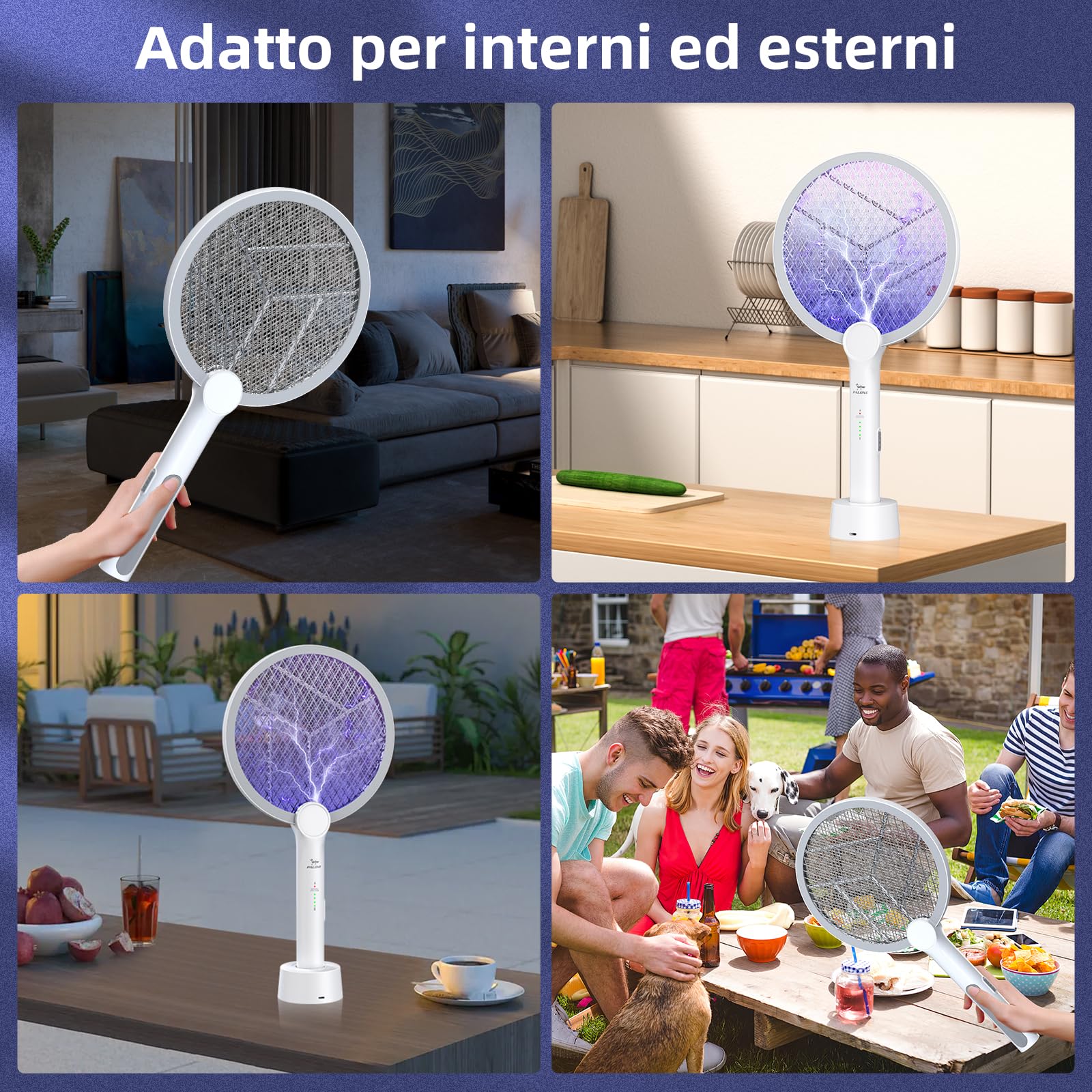 PALONE Racchetta Zanzare Elettrica, Ricaricabile 4000V Racchetta Zanzare Elettrico con USB C, Protezione Maglia a 3 Strati, Antizanzare per Casa Campeggio Interni ed Esterni