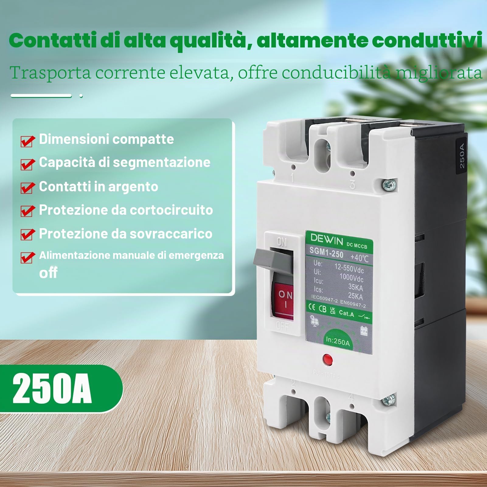 Interruttore Automatico Scatolato CC MCCB, 2P DC500V 250A Interruttore Automatico Fotovoltaico Interruttore Principale del Batteria Solare Sezionatore di Protezione per Sistema Solare Fotovoltaico