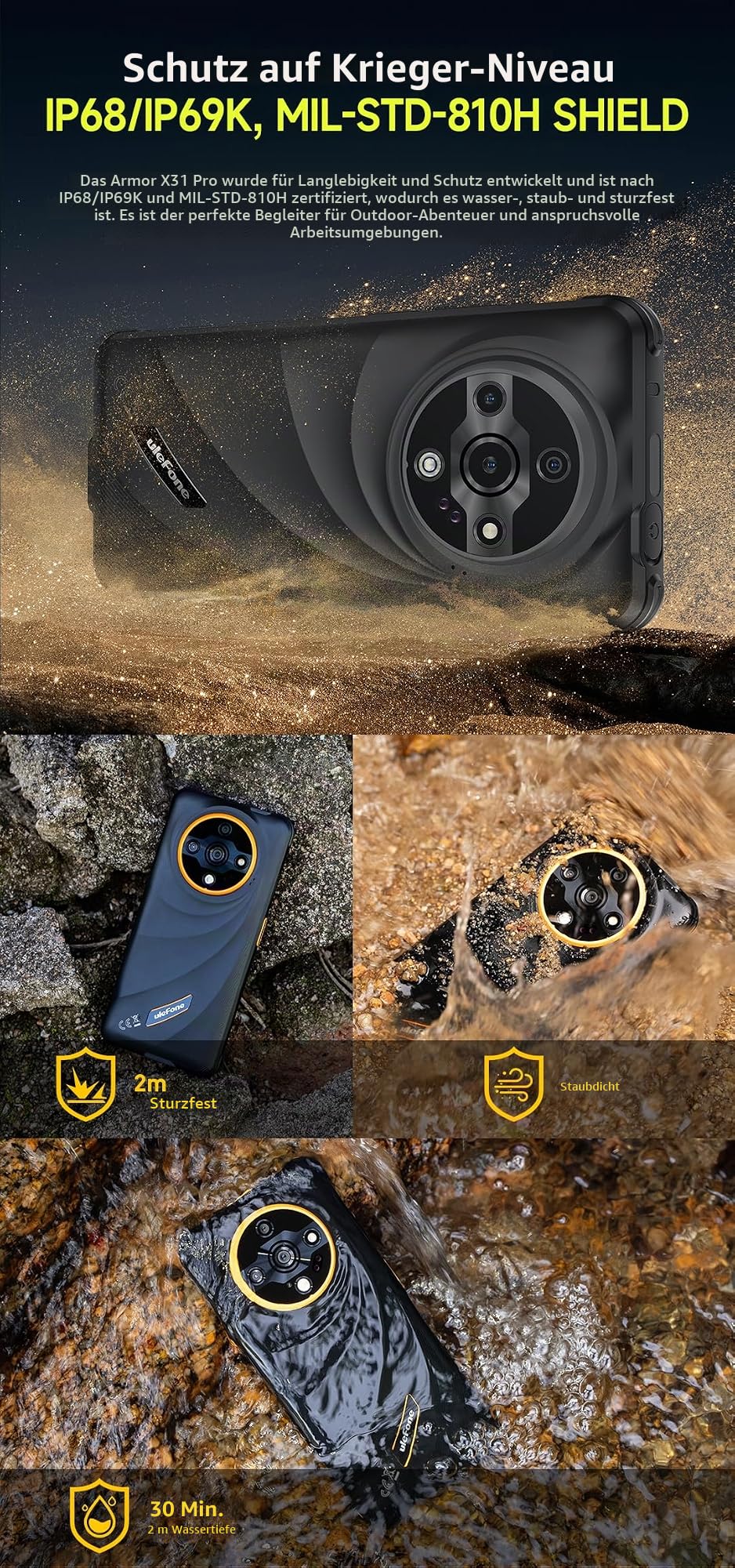 Ulefone Armor X31 PRO 5G Outdoor Smartphone Ohne Vertrag, 64MP+25MP Kamera (Nachtvision & Blendenblitz), 5G 16GB+256GB, 6,56" HD+120Hz, IP68 Android 14 Robustes Handy, 3 Kartenslot, GPS NFC Orange