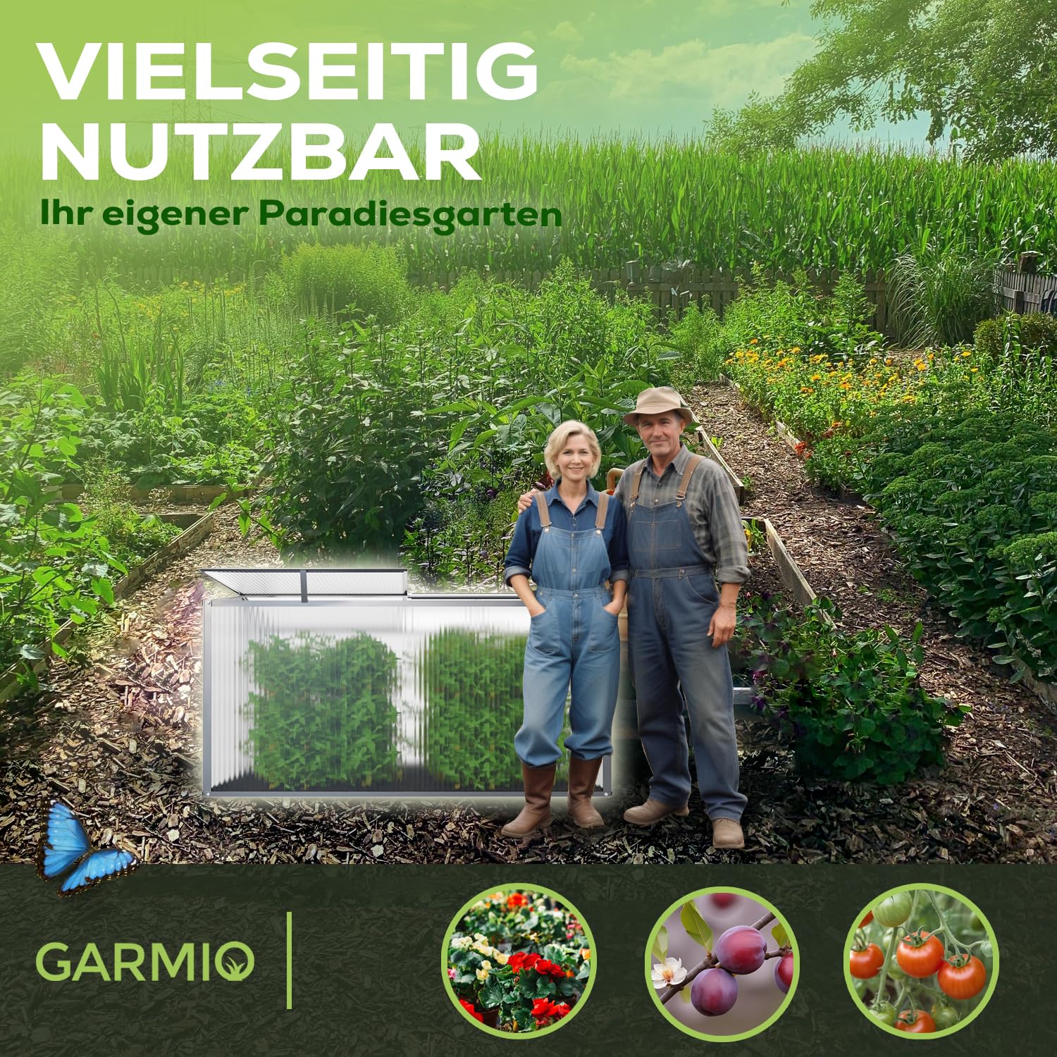 GARMIO® Gewächshaus Protea Klein, Alu Frühbeet, Mini-Gewächshaus, Treibhaus, Frühbeetkasten, Pflanzenbeet, Anzuchtbeet, Tomatenhaus, Pflanzenhaus für Garten, mit 4X Hering
