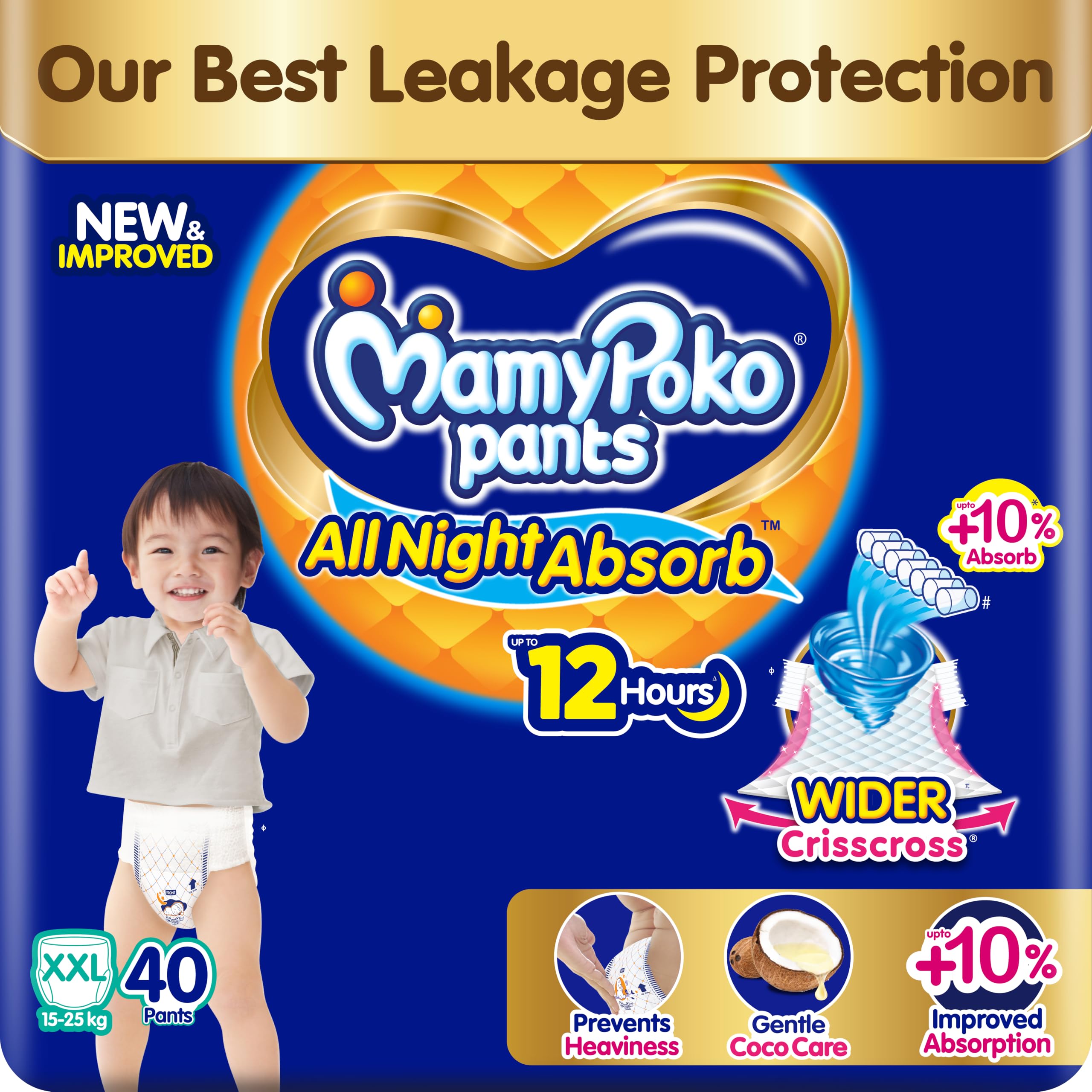 New Mamypoko Pants Premium All Night Absorb| Pant Style Baby Diapers XX- Large Size(XXL), 40 Count, Ideal for 15-25Kgs|1 Diaper= Upto All Night Absorption now with 10% increased power|Wider Crisscross Sheet|Gentle Coco Care| 12hr Leakage Protection| Prevents Heaviness.