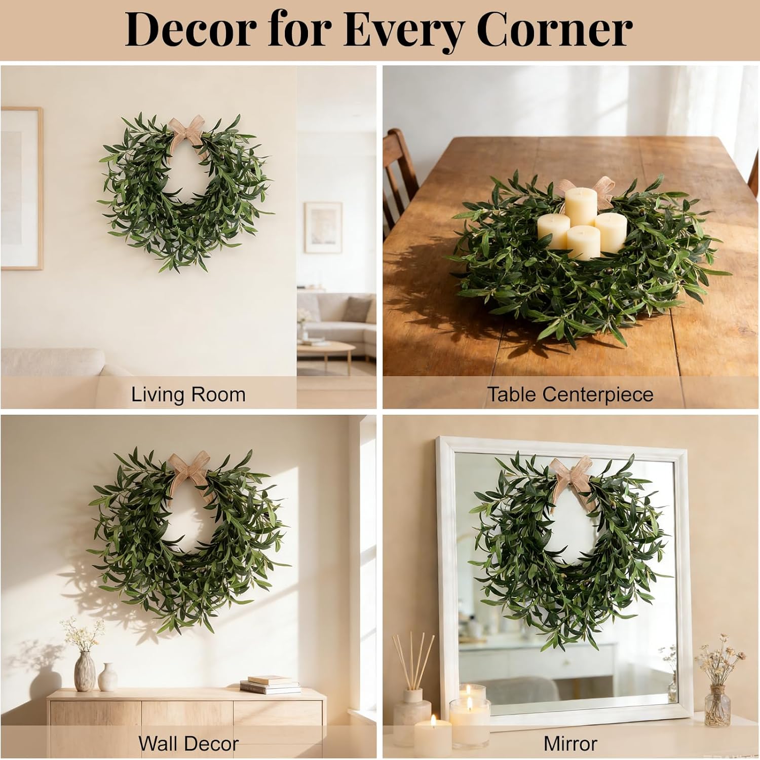 Artificial Olive Wreath for Front Door - 22 Inch Faux Greenery Wreath with Burlap Bow & Olives - Modern Farmhouse Wall Decor, Year Round Spring Summer Wreath for Indoor Outdoor Wedding Entryway
