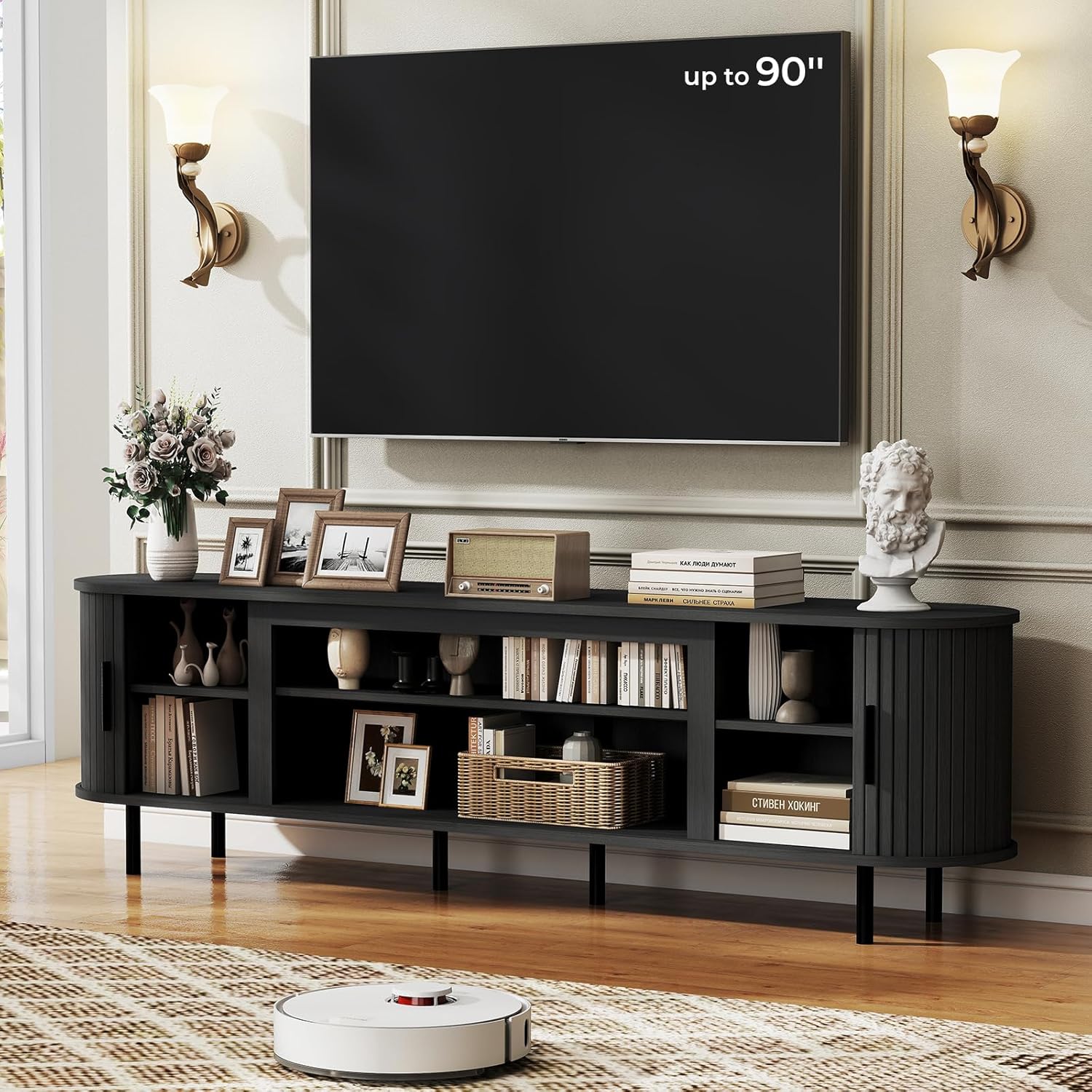 BREEZEHEAT 80'' Mid Century Fluted Modern TV Stand-Curved TV Cabinet with Storage, Sliding Doors & Adjustable Shelves-Entertainment Center for TVs Up to 90 Inches, Black Media Console for Living Room