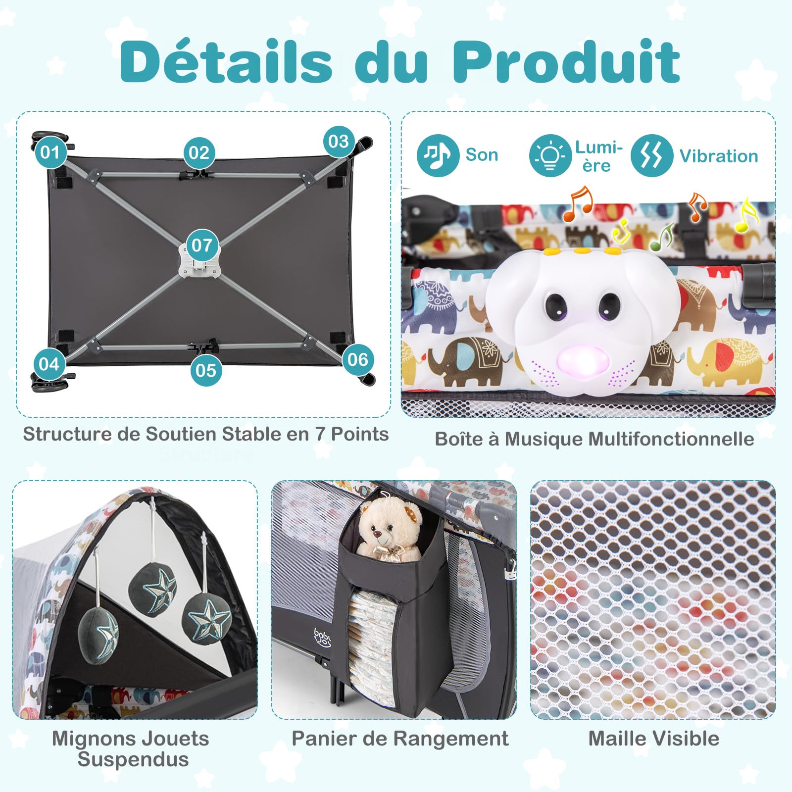 Lit Parapluie Bébé 4-en-1 DREAMADE - Avec Matelas, Moustiquaire Et Table à Langer - 0-3 Ans