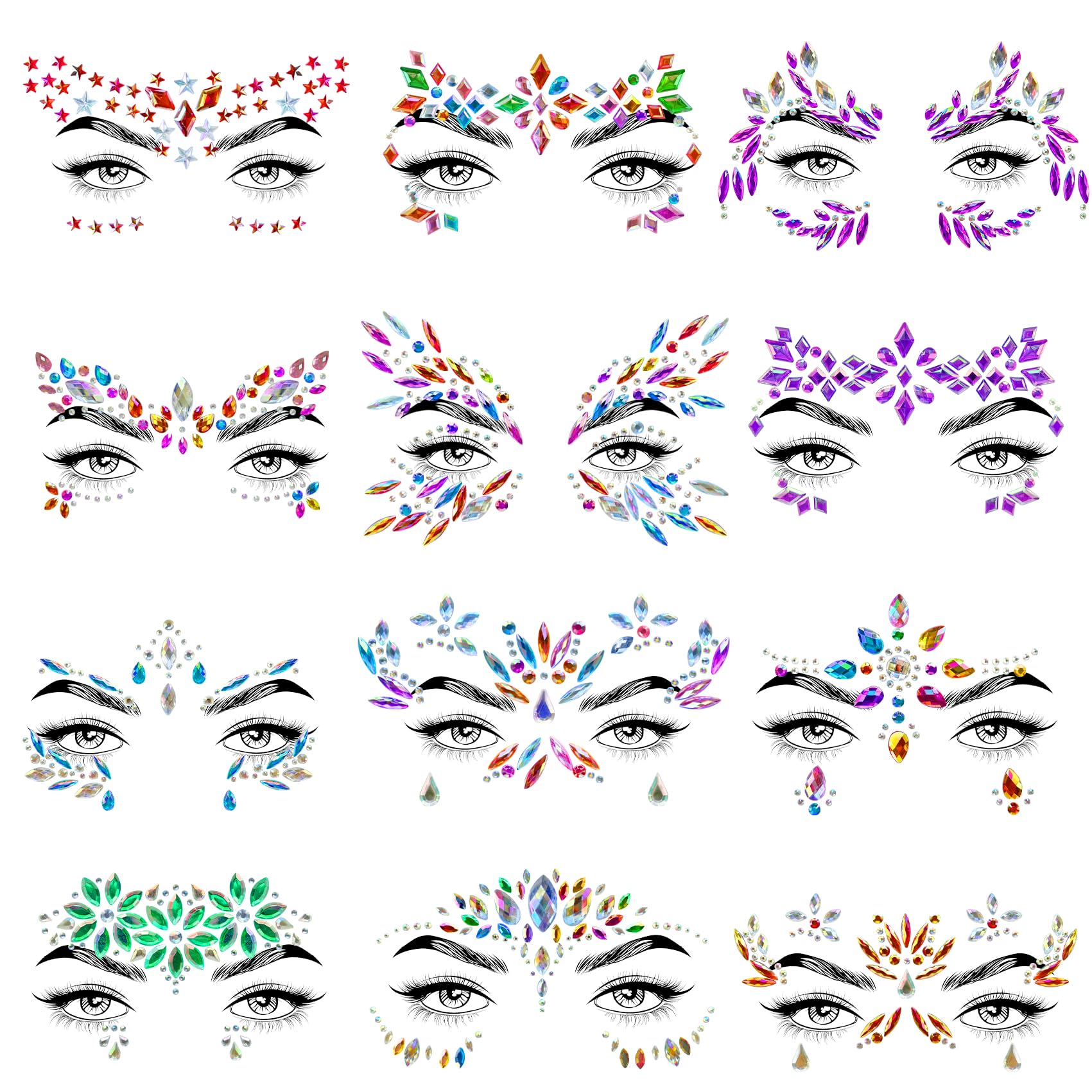 Allruyee 12 Sets Face Jewels Face Gems Mermaid Glitter Rhinestone Crystal Stickers Waterproof Eye Face Temporary Tattoos for Party,Rave Festival,Carnival,Holiday Costumes,Rave Accessories