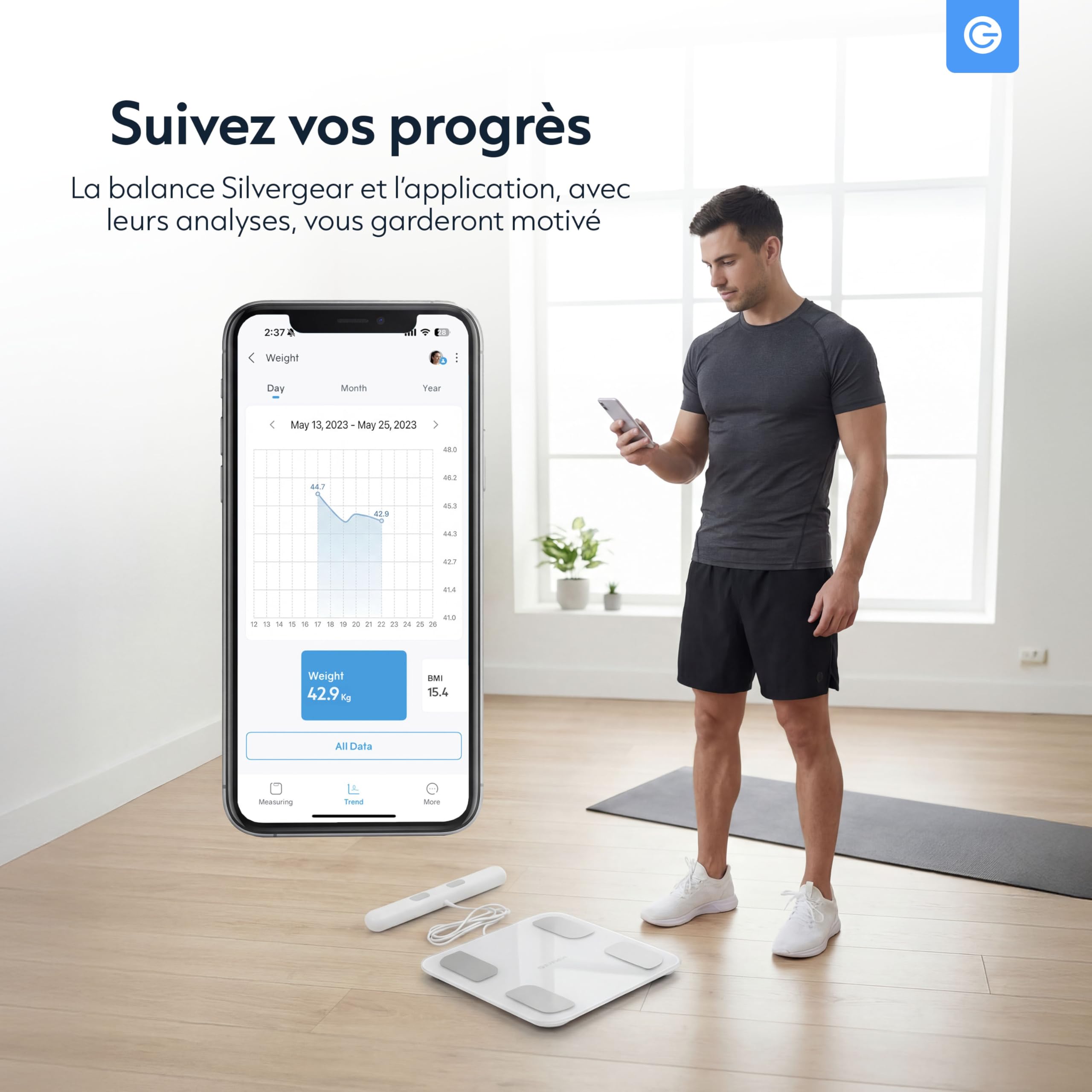 Silvergear® Pese Personne avec Poignée | Balance Pese Personnes | Analyse de Graisse Corporelle, Masse Musculaire, IMC, Poid des Os, BMR, Fr. Cardiaque | Impédancemètre avec App | Blanc