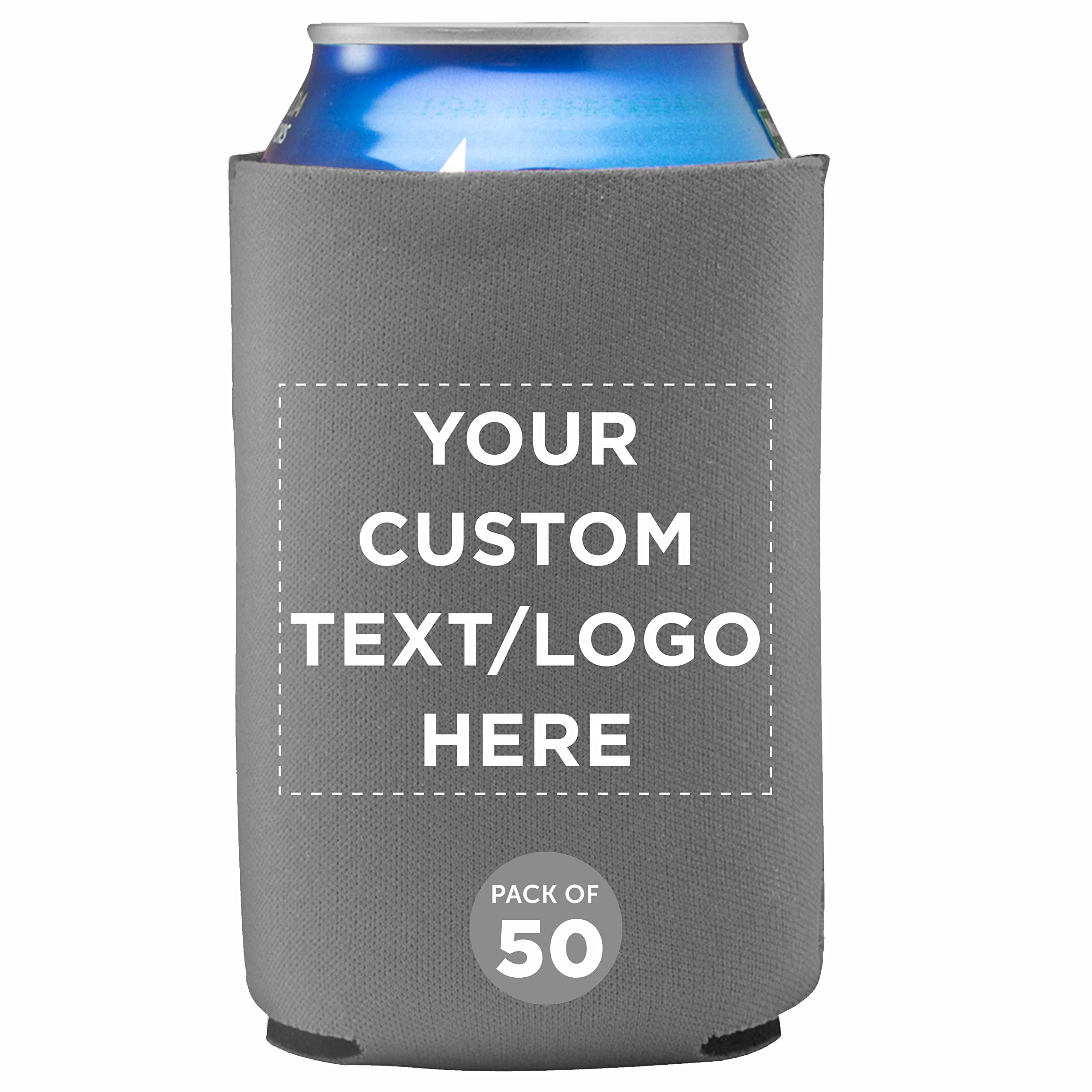 Custom Neoprene Collapsible Can Coolers 12 oz. Set of 50, Personalized Bulk Pack - Great for Weddings, Parties, Anniversary, Indoor & Outdoor Events - Grey