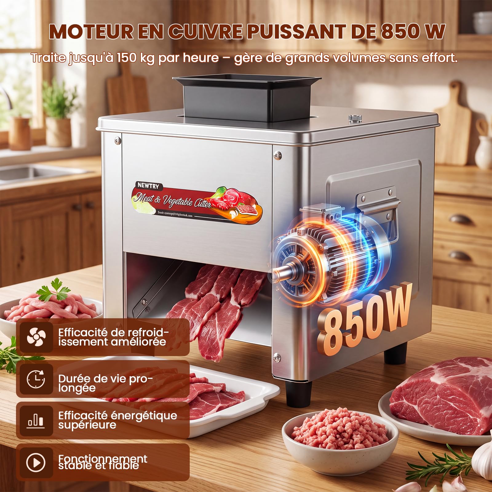 NEWTRY Trancheuse viande électrique commerciale 5mm 750W Gastro | Acier inoxydable, lames interchangeables, moteur puissant, facile à nettoyer, trancheuse pour boucheries et restaurants