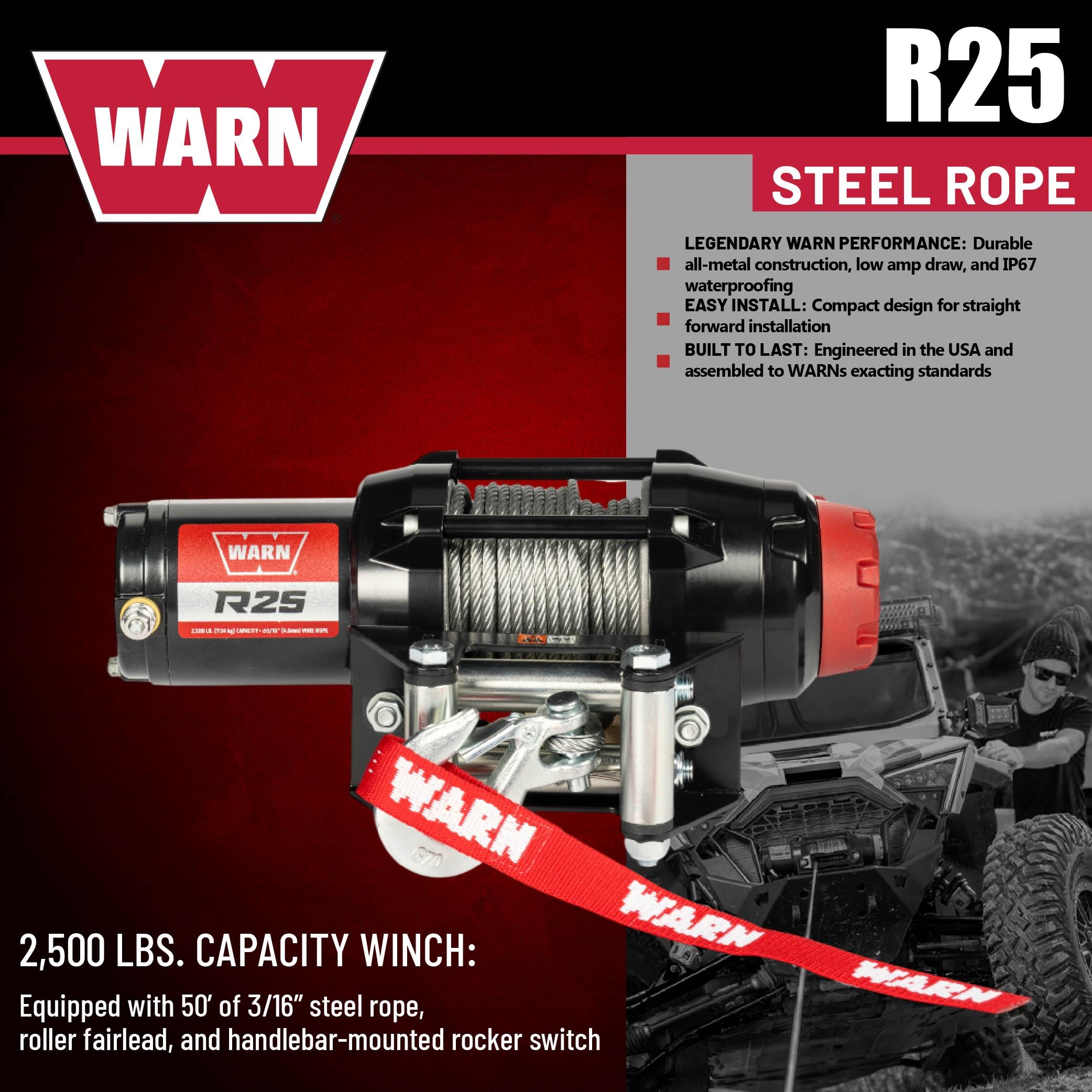 Warn R25 Drahtseilwinde, 1,1 kg Zugleistung, ausgestattet mit 1,5 m Stahlseil und fernmontiertem Wippschalter – Rollen-Fairlead für ATV, UTV, Side by Side, SXS Recovery & Abschleppen