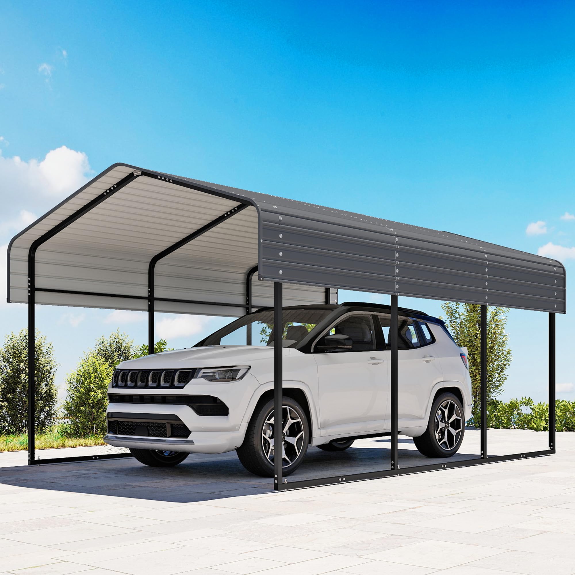 10x15FT Metal Carport,Heavy Duty Carport with Reinforced Frame and Galvanized Steel Roof, Outdoor Garage Shelter Shade Car Port for Pickup Trucks, Boats, Cars &amp; Tractors, Farm Tools, Party, Gray