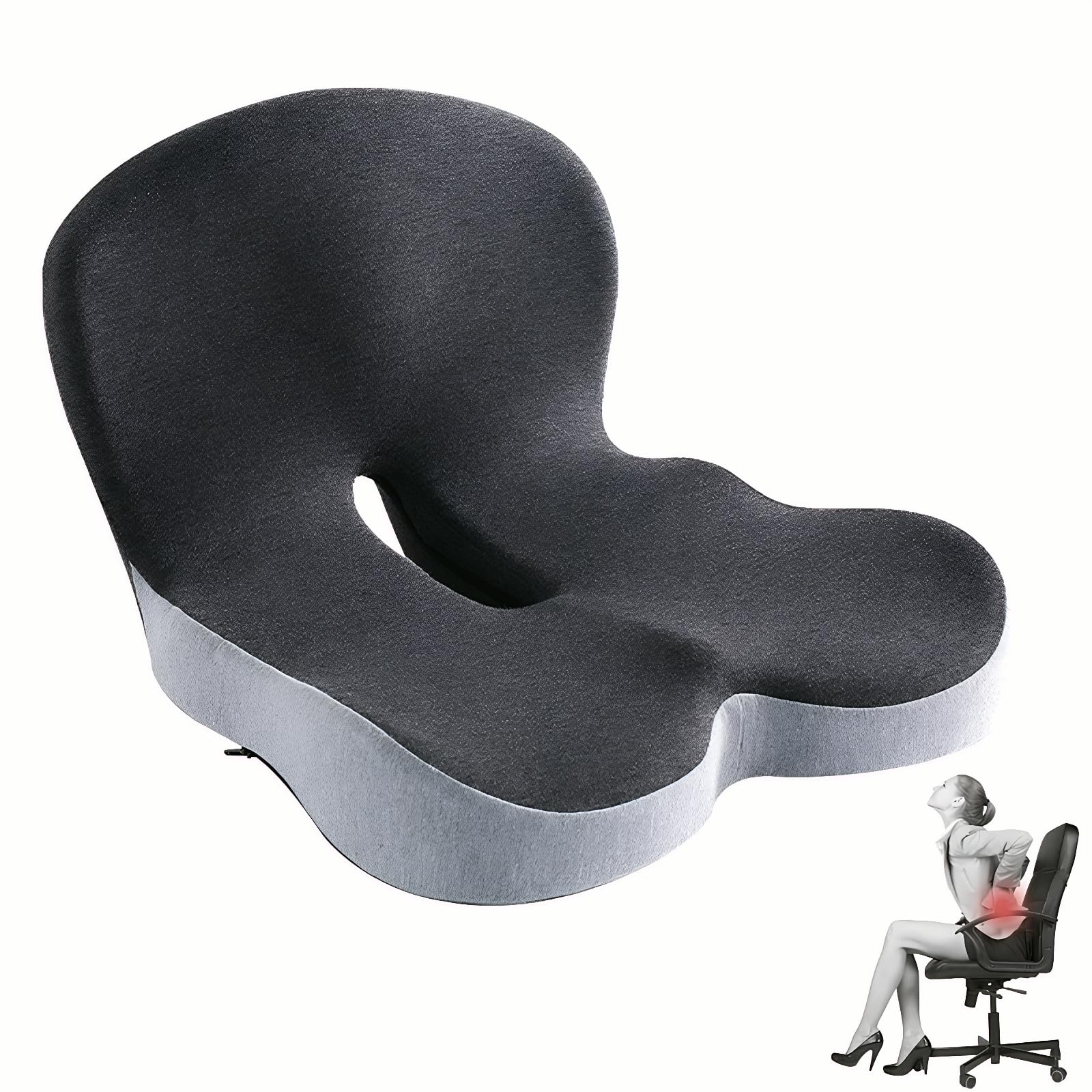 Seat Cushion,Ergonomic Memory Foam Seat Cushion with Lumbar Support For Car and Washable Cover,Comfortable Non-Slip Back Support for Office Workers,Car Drivers and Trucker Driver (Black Gray)