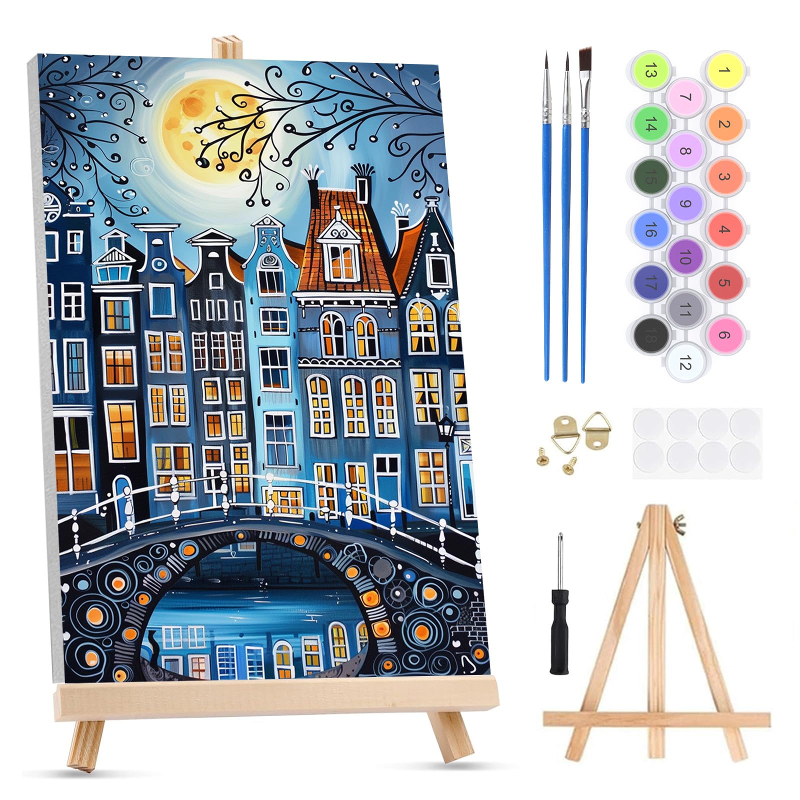QENSPE Paint by Numbers for Adults on Framed Canvas - with Wooden Easel, Quirky Building Painting by Number Kit for Beginners, DIY Abstract Acrylic Oil Painting for Home Wall Decor 8x12 Inch