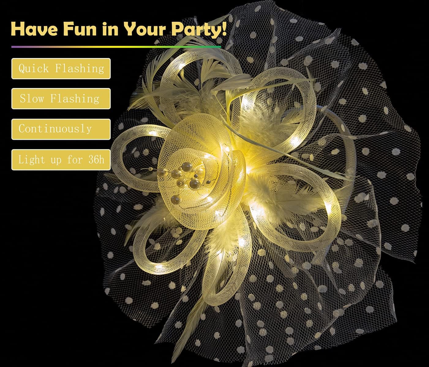 LED Light up Fascinator Hats Kentucky Fascinator Derby Flower Headband Feather Mesh Wedding Hair Clip for Women - Image 2