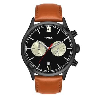 TIMEX Analog Watch for man with Black Round Dial & Tan Leather Strap Band Water Resistant Men's Wrist Watches - TWEG19808