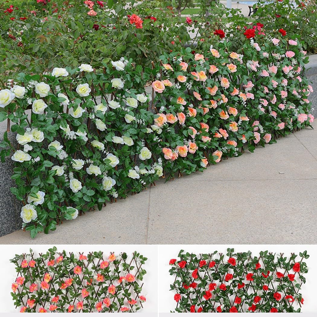 Artificial Hedge Fence, Expanding Trellis Artificial Flower Garden Decor, Outdoor Telescopic Fence, Simulated Flower Leaves Fence(Red) - Image 3
