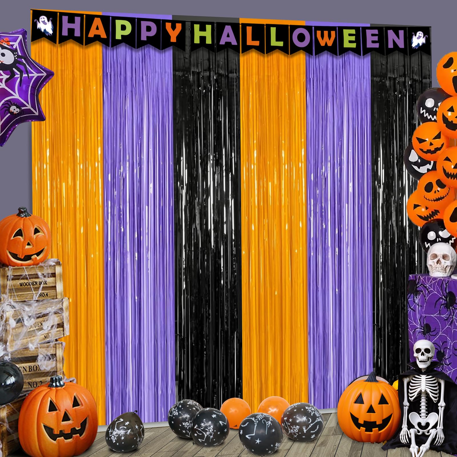3 Packs 3.3ft x 6.6ft Orange Purple Black Metallic Tinsel Foil Fringe Curtains Photo Booth Props for Halloween Birthday Bridal Shower Baby Shower Bachelorette Holiday Celebration Party Decorations