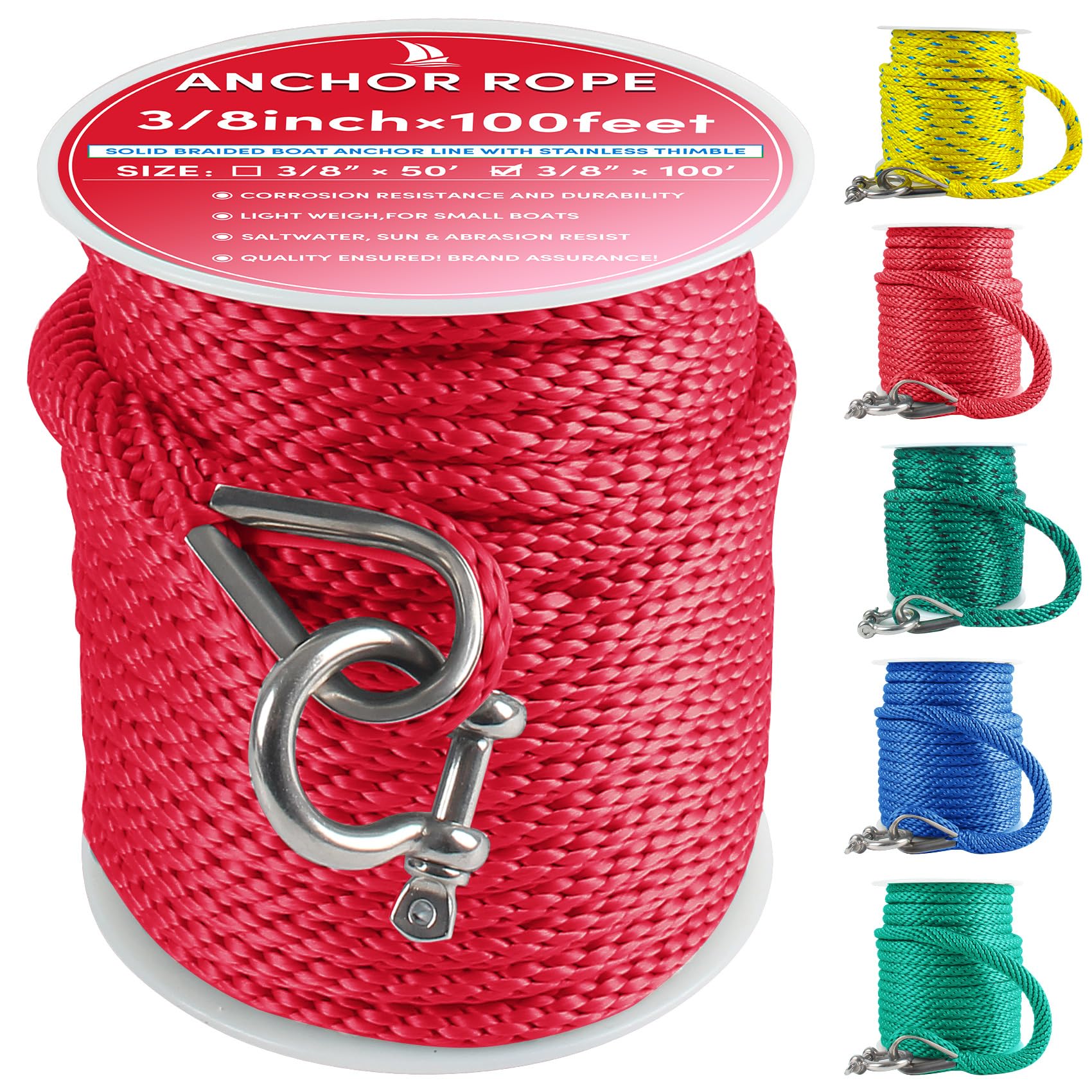 Premium Anchor Rope 100 ft x 3/8 inch, Solid Braid MFP Anchor Line Boat Rope with Thimble & Shackle - Red