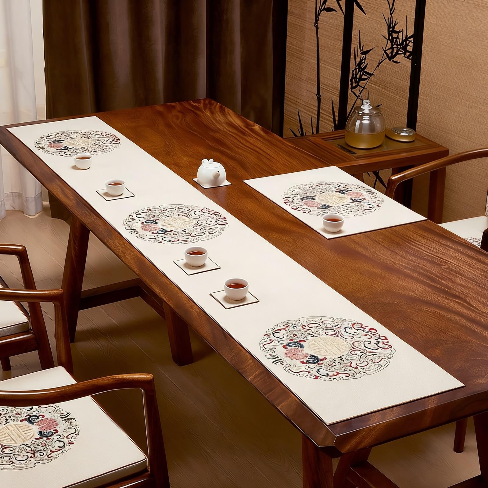 Runner da tavolo, rettangolare, in stile cinese, ricamato, motivo floreale, in poliestere, colore beige, bianco, elegante runner da tavolo, per matrimoni, feste, compleanni, 33 x 160 cm