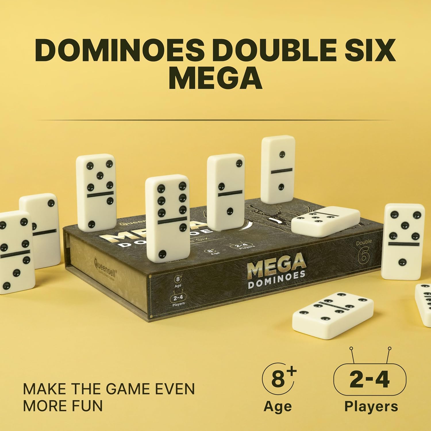 Several Queensell Mega Large Dominoes tiles standing upright on a flat surface, demonstrating their stable design.