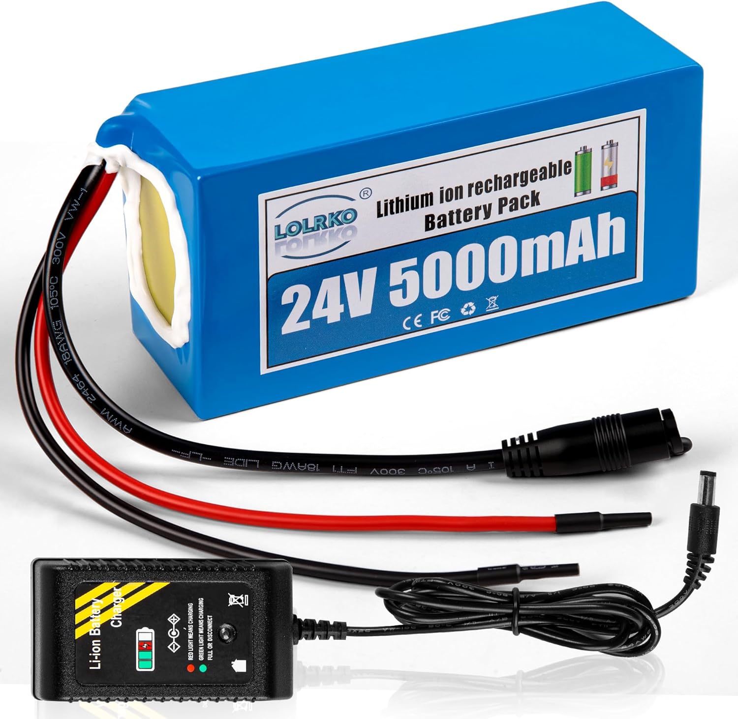 24V 5Ah Lithium Ion Battery Pack with Charger, Rechargeable Li-ion Battery with Bare Wire & DC Plug for DIY Bluetooth Speaker, Amplifier, LED Strip and Other Low-Power 24V Devices