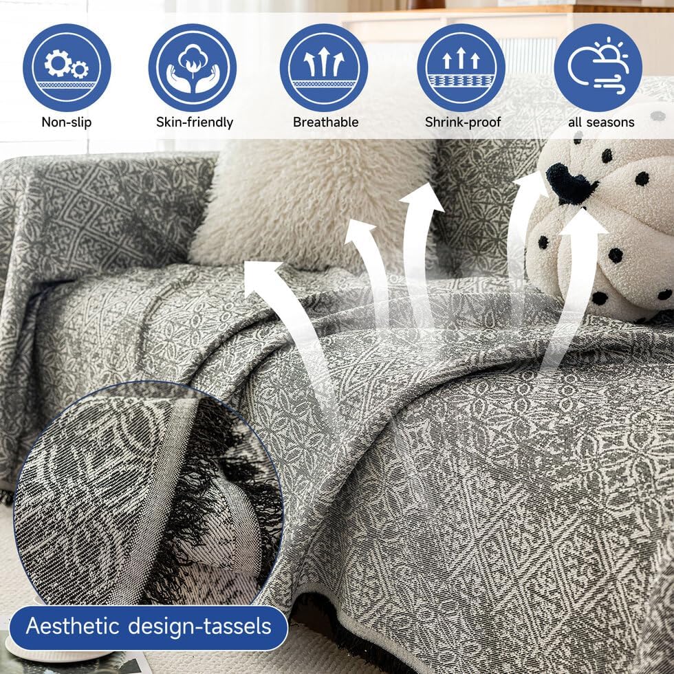 ROOMLIFE Couch Cover Black Boho Sofa Covers for 3 Cushion Couch Washable, Furniture Protector Sofa Couch Cover for Dogs, Soft Breathable Sofa Slipcover, Couch Throw Blankets with Tassels 71''X150''