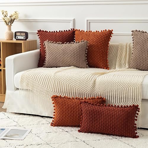 Miniatura 7 de Kevin Textile - Juego de 2 fundas de almohada decorativas lumbares de color marrón claro de 12 x 20 pulgadas con pompones para sofá y cama,