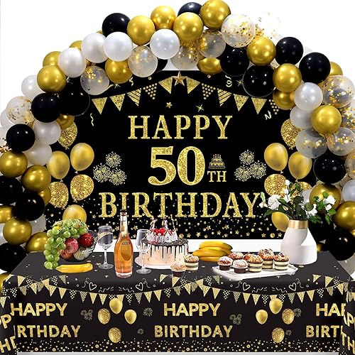 Trgowaul Decoraciones de cumpleaños número 50 para hombres y mujeres, pancarta de fondo de feliz cumpleaños 50 color negro y dorado, 2 manteles de