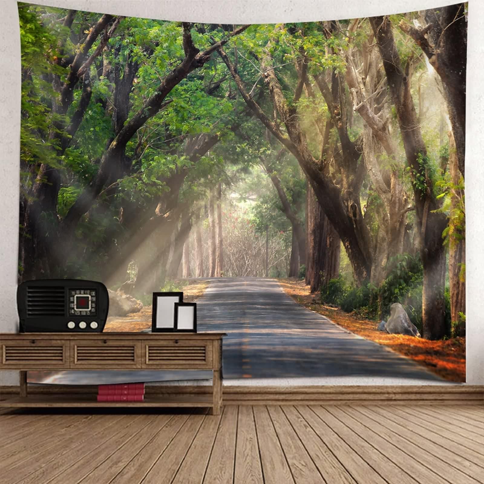 Tapisserie murale bois et soleil grand format decoration cuisine polyester 150x150