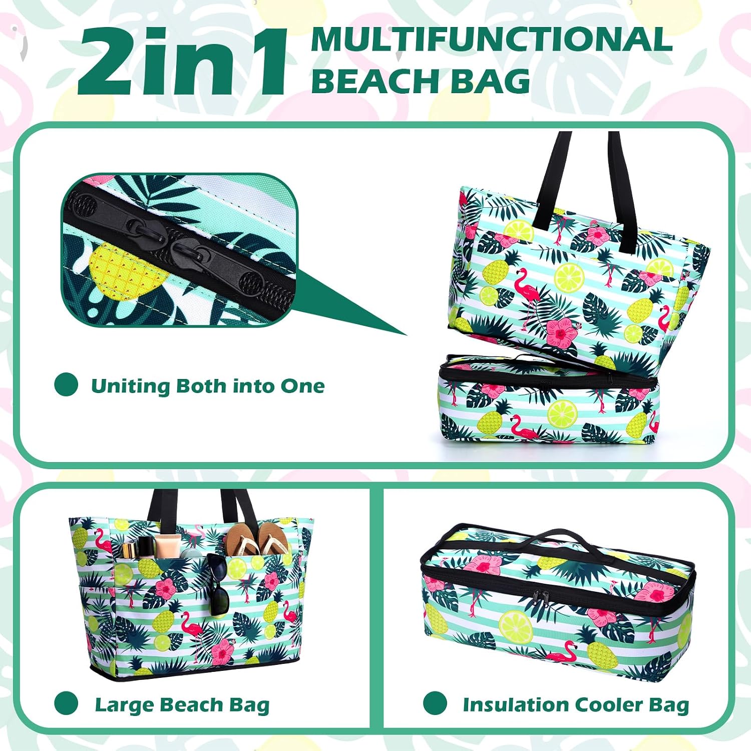 Aliceset Beach Bag with Cooler 49l Large Waterproof Sandproof Beach Tote with Zipper and 9 Pockets Flamingo Summer Pool Bags Wet Compartment Foldable Travel Bags for Women Weekend Vacation Picnic