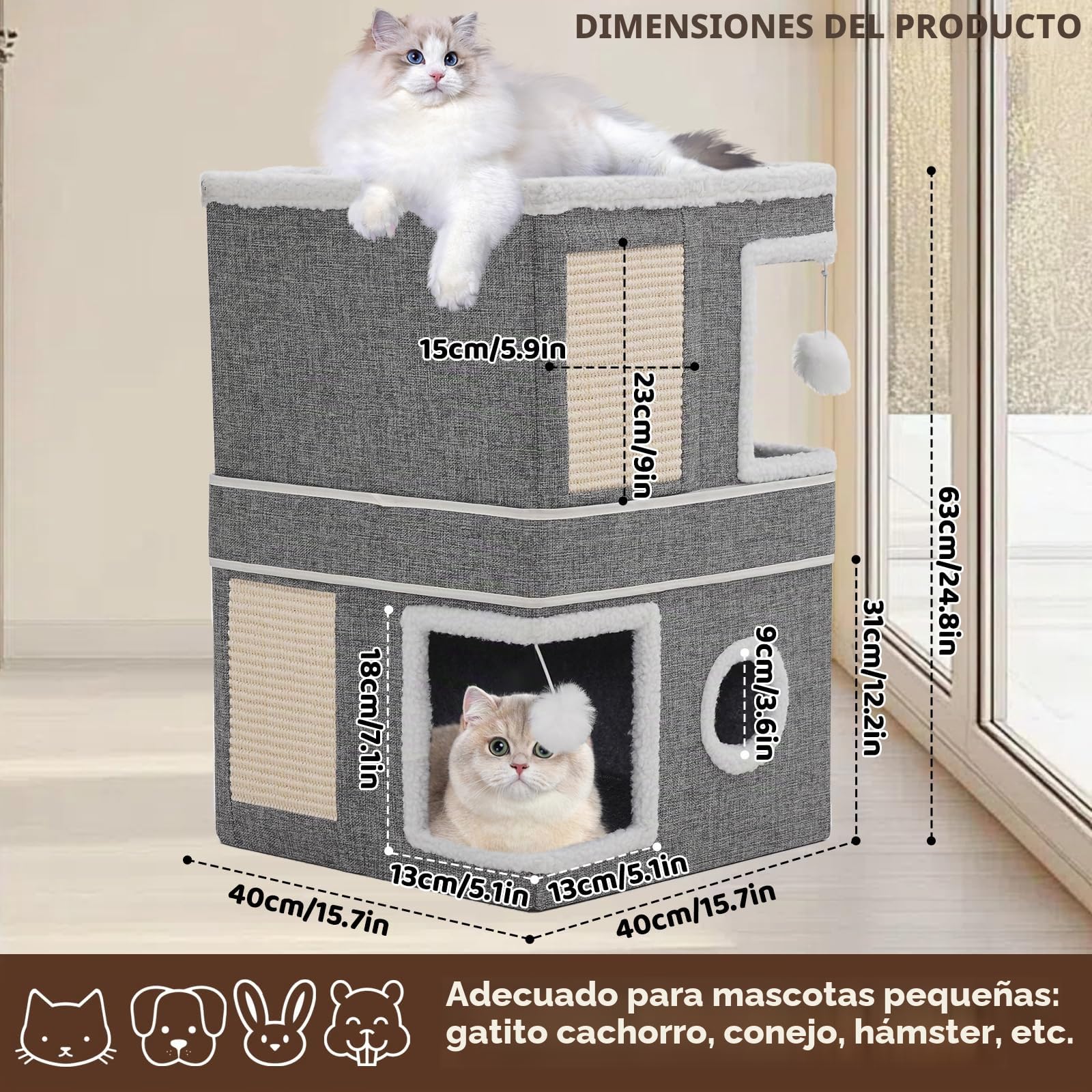 Casa para Gatos para Interiores, Plegable con Tabla para rascar, Pelota de Juego, Cueva para Varios Gatos, 3 Pisos, casa para Gatos, Cama para Gatos, 40x40x63 cm, Gris
