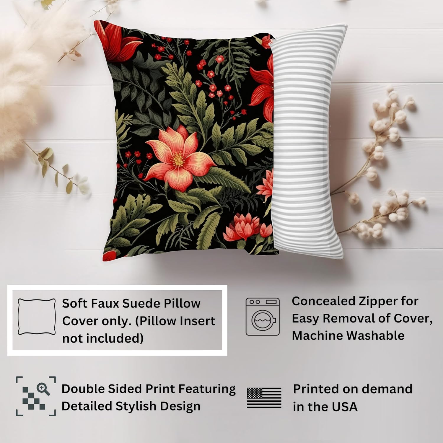 Ethan Taylor Floral Throw Pillow Soft Cushion Cover 'William Morris Flowers I Flowers Classic Cottage and Cottagecore' Pattern Decorative Square Accent Pillow Case, 16x16 Inches, Red, Green
