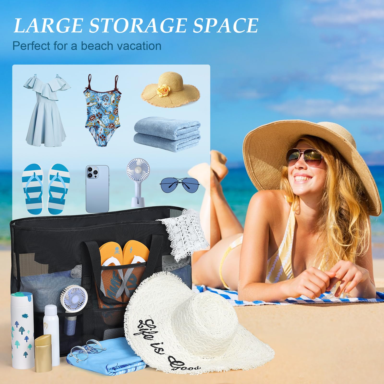 BBLIKE Torba plażowa w maille, duża torba plażowa xxl rodzinna, duża torba damska składane torby na ramię z wieloma kieszeniami na plażę, wakacje, zakupy i podróże, Czarny (Black), 70*20*40cm