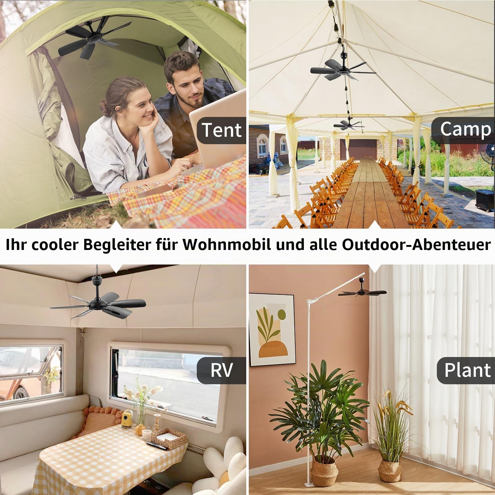 45 cm Tragbarer Deckenventilator mit Fernbedienung und Timer, 3 Geschwindigkeiten, USB-Anschluss, 5V DC-Betrieb, 6 Flügel, für Innen/Außen, Wohnmobil, Camping, Zelt, Vordach, Pavillon