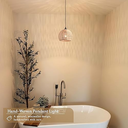 Miniatura 7 de Mini lámpara colgante tejida con cuerda de cáñamo, lámpara de araña bohemia, lámpara colgante de mimbre, lámpara colgante de ratán para dormitorio,
